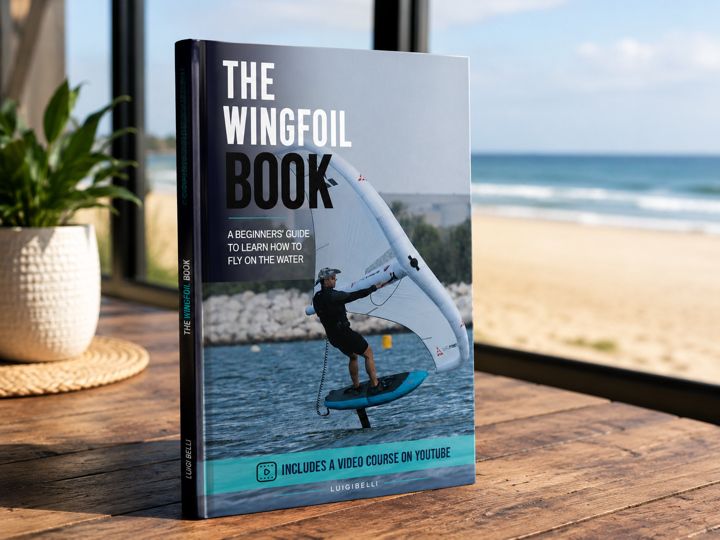 The Wingfoil Book — real paperback copy held open showing wingfoil lessons